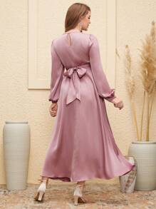 SHEIN 1 chiếc váy dài tay trơn màu cho bà bầu, thời trang tối giản, mặc thường ngày - Bụi hồng - Xem 3