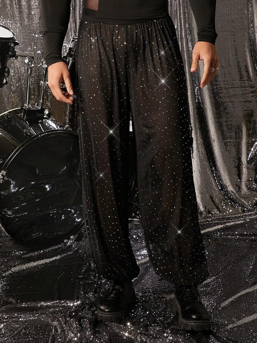 FeverCity Men's Mesh Loose Drawstring Ankle Pants, Suitable For Summer - Black - View 1