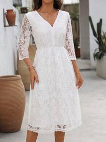 EMERY ROSE 女士花卉蕾丝 V 领 3/4 袖优雅中长连衣裙 - 白色 - 查看 3