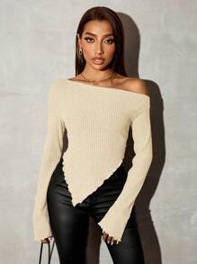 SHEIN SXY Camiseta de punto acanalado con cuello asimétrico estilo grunge, blusas de salida para mujer en otoño - Beis - Ver 4