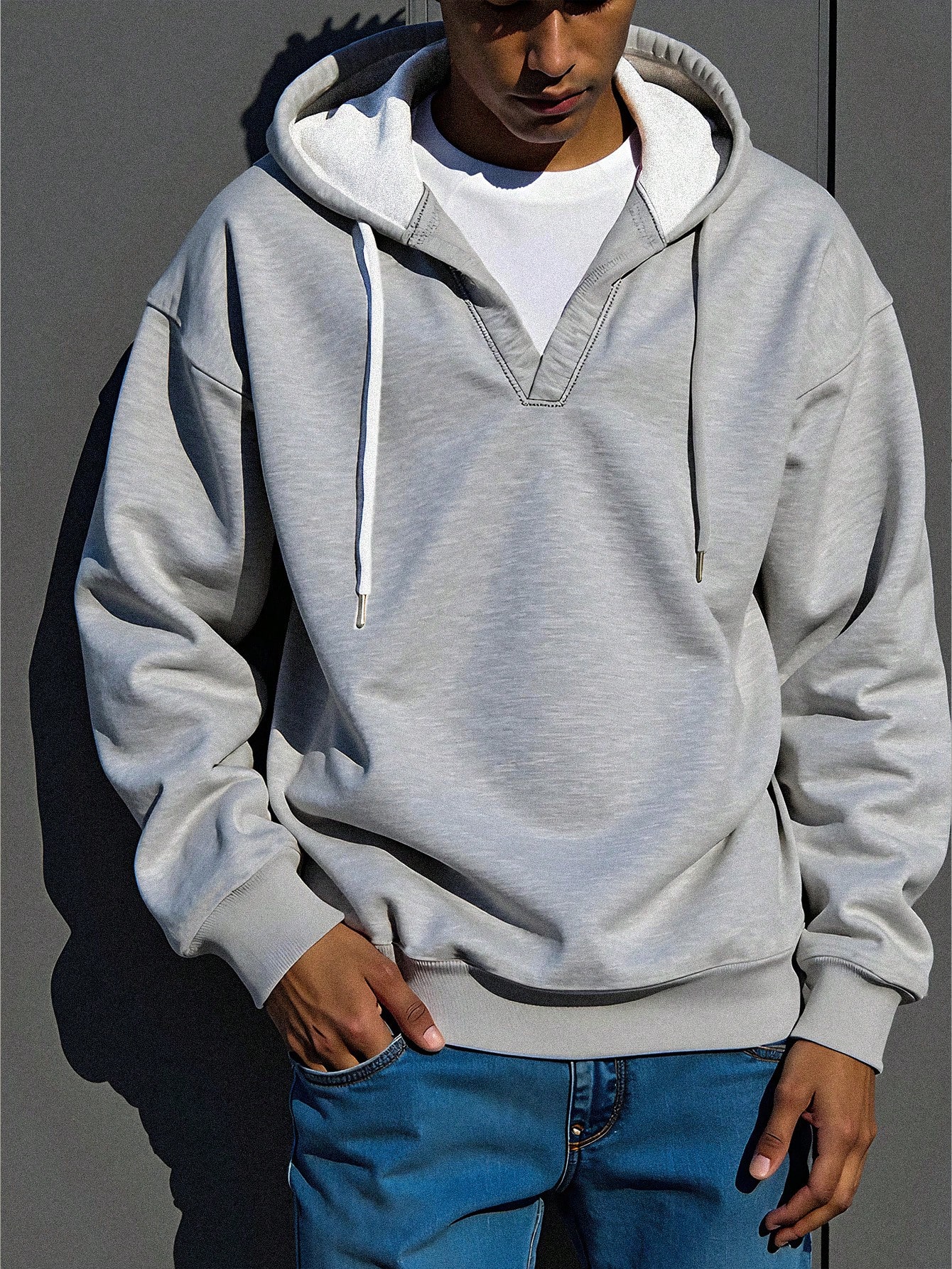 Men's Solid Color Drop Shoulder Drawstring Hooded Sweatshirt, Grey Hoodie
