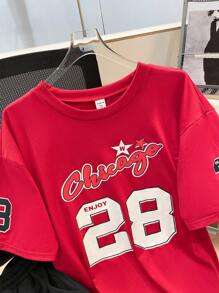 SHEIN Leap Crew 2 Pieces Casual Number & English Letter Printed Red T-Shirt & Black Shorts Set For Teen Boys, Street Punk Rock Academic Daily Outings Parties Music Festivals, Suitable For Spring/Summer, Basketball - Multicolor - View 5