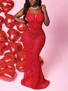 BamGleam Vestido de noche de sirena rojo de encaje transparente con tirantes finos para el Día de San Valentín - Rojo - Ver 1