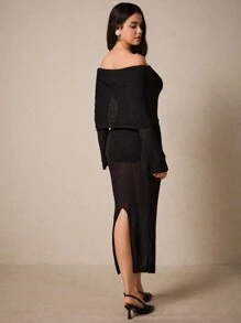 Poéselle Vestido de punto sin tirantes elegante de manga larga con abertura en el bajo y color sólido, vestidos para mujer, atuendos de vacaciones, vestido hombros descubiertos, suéteres de otoño, vestidos elegantes, vestido, vestidos de vacaciones para atuendos de otoño e invierno, uso diario elegante y chic, ropa de mujer de otoño.