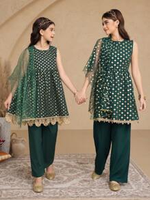 3 件套 Tween 女童绿金箔长衬衫搭配阔腿裤和闪亮围巾 3 件套，适合日常、通勤、家庭聚会和休闲度假