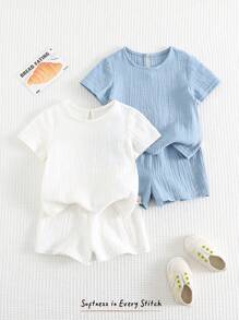 Cozy Pixies 2 Stücke/Set Baby Jungen einfarbiger Rundhals Kurzarm Pullover und Shorts Set mit Gummibund