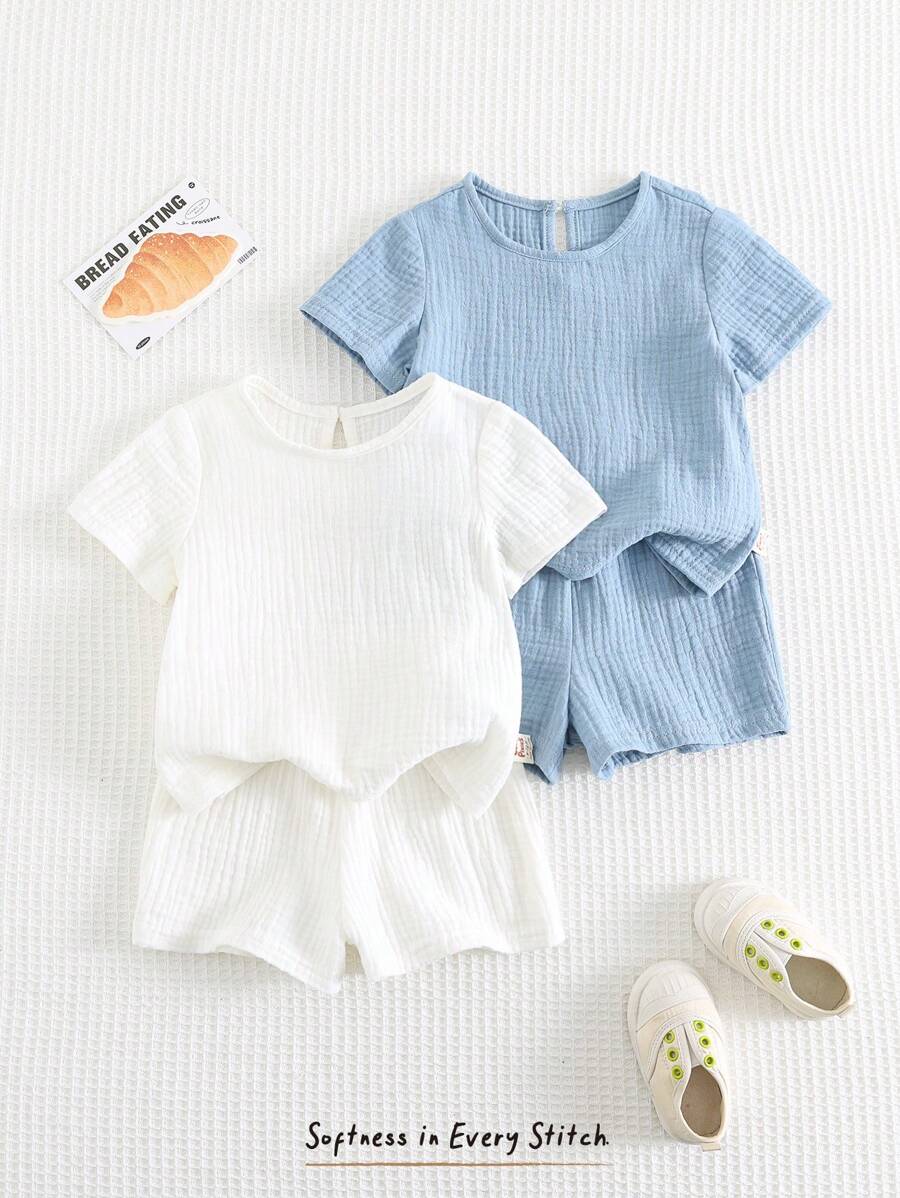 Cozy Pixies 2 Stücke/Set Baby Jungen einfarbiger Rundhals Kurzarm Pullover und Shorts Set mit Gummibund