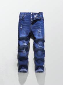 Tween Boys' Casual Simple All-Match Versatile Distressed Cat Whisker Elastic Waist Slim Fit Jeans, Comfortable Essential Streetwear Denim Pants For Daily Wear 2025 New Collection - Medium Wash - View 1