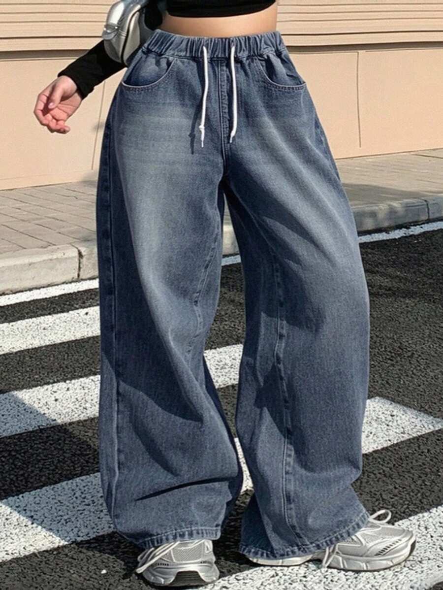 Dazy Plus 加大码松紧腰抽绳宽松长牛仔裤，适合所有季节，宽松牛仔裤