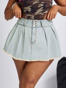 SHEIN SXY 大码女式弹力牛仔蓝色复古褶皱时尚短裙 - 藍色 - 查看 4