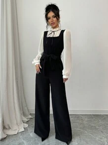 SHEIN PETITE Bộ đồ liền thân ống đứng cạp cao màu tương phản thanh lịch dành cho nữ kèm áo sơ mi 2 món - màu đen - Xem 5