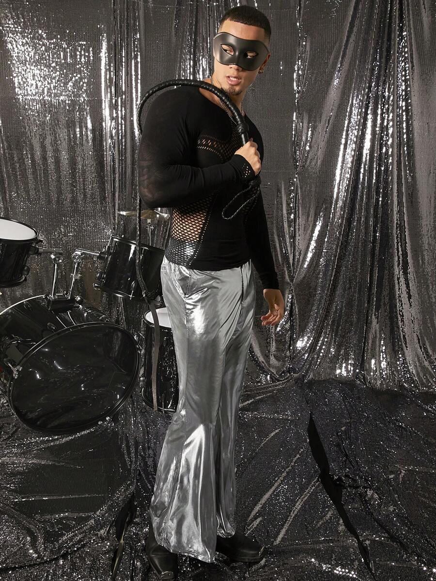 FeverCity 男士冰丝银色金属长喇叭西装裤 - 銀色 - 查看 1