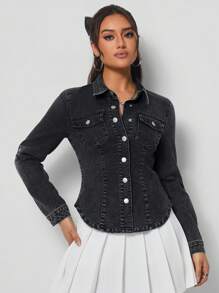 SHEIN Tall Women's Button Front Black Denim Shirt - Black - View 5