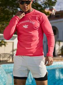 Manfinity Swimmode Set de 2 piezas con Top de manga larga con estampado de letras y bóxer de natación para hombre