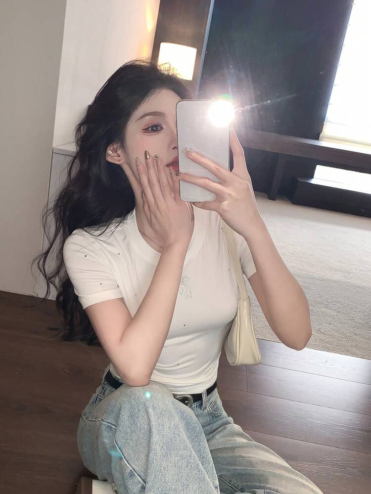Women/Girls Casual Round Neck Plain Rhinestone Decor Short Sleeve T-Shirt