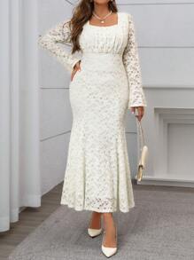 SHEIN Clasi 女式大码春秋冬优雅纯色蕾丝方领收腰美人鱼喇叭袖口长袖连衣裙，杏色 - 杏色 - 查看 4