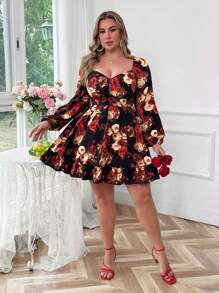 Flirla Floral Print Romantic Sweet Chiffon Mini Dress With Long Sleeve - Multicolor - View 5
