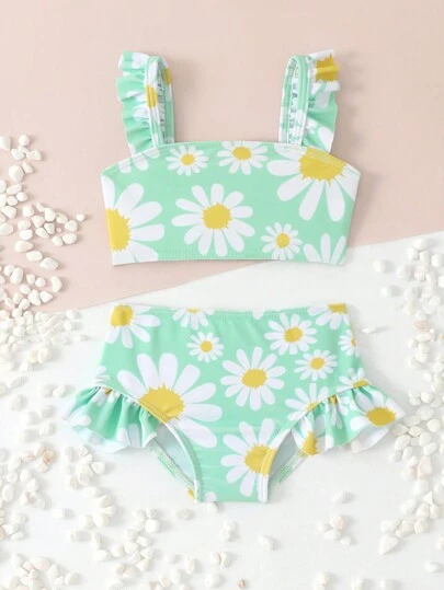 SHEIN 2pcs Newborn Baby Cute Printed Floral Shoulder Strap & Ruffled Bottoms Swimsuit Set