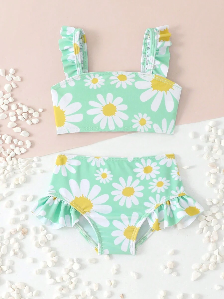 SHEIN 2pcs Newborn Baby Cute Printed Floral Shoulder Strap & Ruffled Bottoms Swimsuit Set - Multicolor - View 1