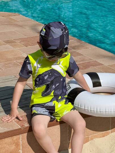 SHEIN 3 件套年轻男童休闲运动泳衣 带恐龙图案 儿童服装 年轻男童衣服 返校男童套装 适合户外游泳 适合日常使用 适合上学 适合旅行 适合运动 适合春、夏、秋、冬季