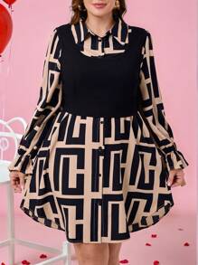 SHEIN Clasi Curvy Plus Size Women's Retro Long-Sleeved Butterfly Long Shirt + Black Knitted Vest Two-Piece Set, Going Out,Valentine's Day,Vacation Outfits Woman,Valentines,Valentine's Day,Lover,Valentines Clothes,Vintage Clothes Women,Old Money Style Women,Work Clothes Women