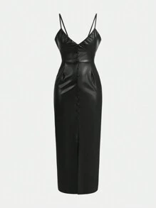 SHEIN Essnce Women's Solid Color Spaghetti Strap Slit Hem Fitted Long Dress - Black - View 2