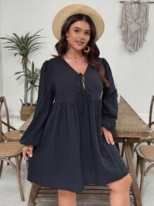 SHEIN VCAY Plus Size Solid Color Front Tie Long Sleeve Pleated Casual Short Dress - Black - View 3
