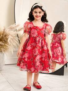 SHEIN 年轻女孩碎花圆领泡泡袖修身连衣裙 - 彩色 - 查看 1