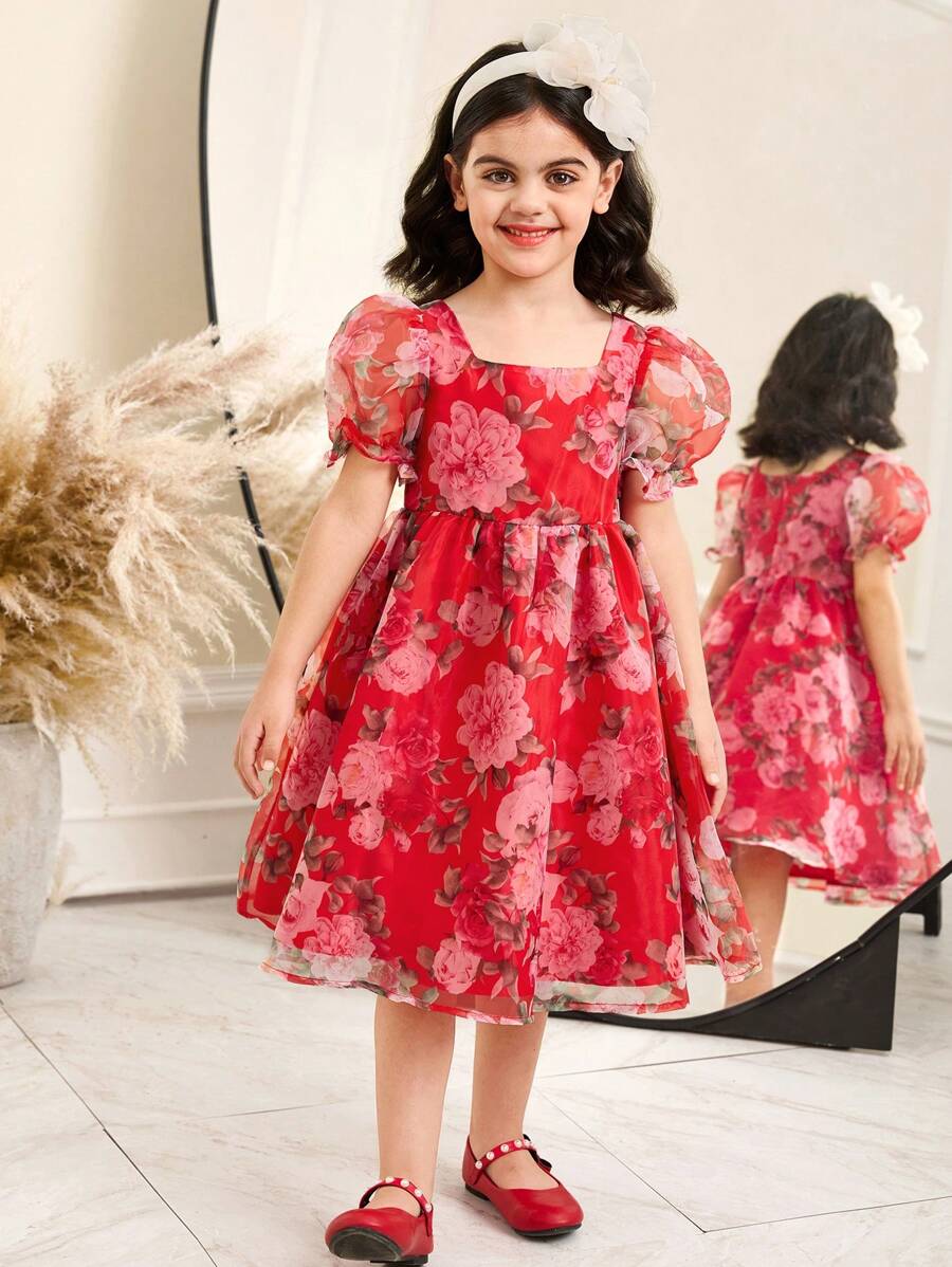 SHEIN 年轻女孩碎花圆领泡泡袖修身连衣裙 - 彩色 - 查看 1