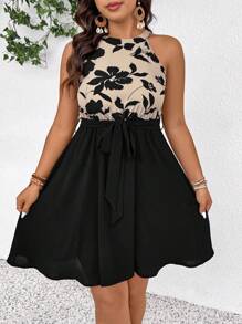 SHEIN Frenchy 大码波西米亚风休闲度假花卉印花拼布黑色收腰 A 字连衣裙，适合夏季 - 彩色 - 查看 1