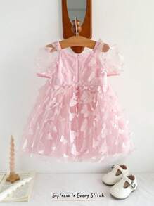 Cozy Pixies Vestido rosa de princesa para bebé niña con cuello redondo, manga abullonada, cintura de malla y bordado 3D de mariposas, adecuado para verano, fiesta, primer cumpleaños, boda, regalo de cumpleaños, vacaciones