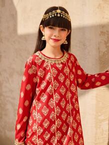 Tween Girl Gold Foil Floral Print Long Sleeve Top And Pants 2 Pieces Set - Red - View 3