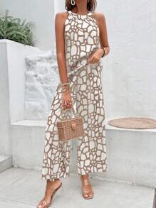 Breezaya 2 件套女士几何印花吊带背心和裤子套装，度假装 - 咖啡棕 - 查看 4