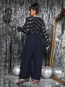 SHEIN Unity 女士优雅 V 领、拼接金属腰带长袖阔腿连体裤 - 藏蓝色 - 查看 2