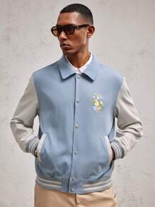 AKNOTIC Business Casual Men's Light Blue Floral Print Woven Panel Contrast Color Casual Jacket, Slim Fit, Suitable For Spring/Summer, Couples, Valentine's Day, Daily Commute