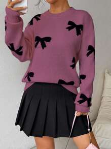 Chiquease Women's Bow Decor Drop Shoulder Pullover Sweater Knit Pullover Fall Winter Sweater - Red Violet - View 6