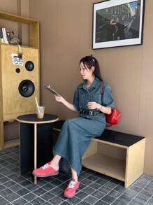 DAZY 女式休闲水洗前扣短袖长牛仔连衣裙，返校服装秋冬