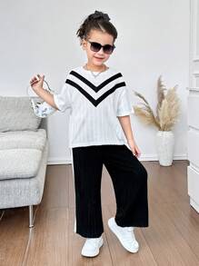 2pcs/Set Young Girls Solid Knit Round Neck Fitted T-Shirt + Loose Knit Wide-Leg Pants