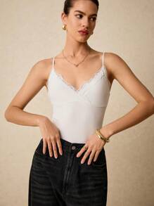 Poéselle Women's Solid Color Contrast Lace Casual Bodysuit With Spaghetti Straps