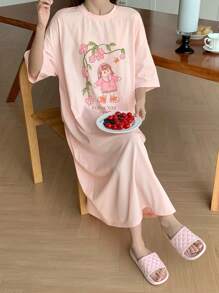 DAZY Vestido camiseta de mujer con estampado de dibujos animados, vestido de dormir pijama - Rosa - Ver 7