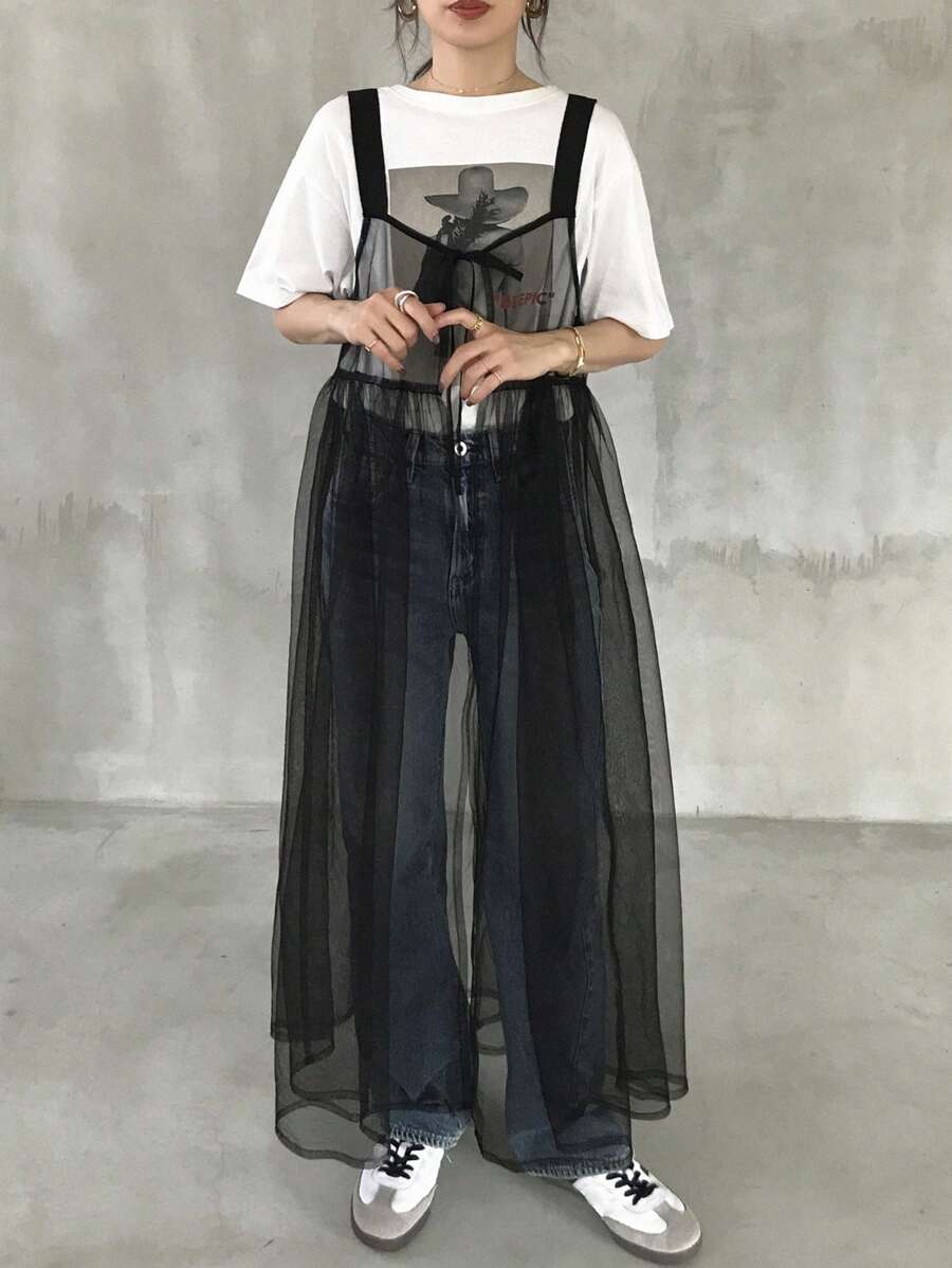 FRIFUL Đầm maxi dáng lửng bằng vải lưới dành cho nữ, kiểu dáng tối giản và thời trang, thích hợp mặc hàng ngày. - màu đen - Xem 1