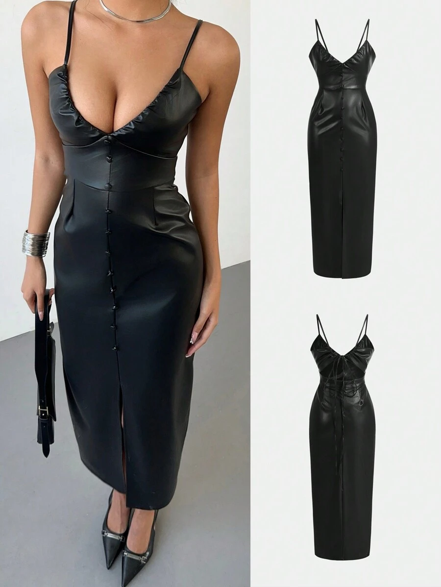 SHEIN Essnce Women's Solid Color Spaghetti Strap Slit Hem Fitted Long Dress - Black - View 1