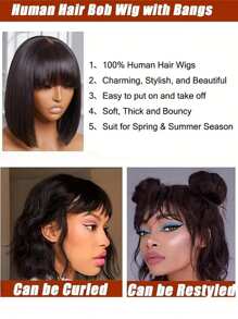 带刘海的鲍勃假发 真人头发 150% 密度无胶短鲍勃假发 女士升级版机器制造中分 2x1 蕾丝假发 - SNatural - 查看 6