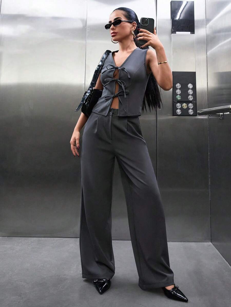 SHEIN Cottnline Women Solid Color Wide Leg Front Bow Details Vest Two Pieces Set - Grey - View 1