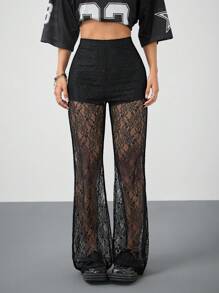SHEIN Coolane Petite Trang phục mùa hè dáng nhỏ dành cho nữ, thích hợp đi dự tiệc, hòa nhạc, phong cách punk gợi cảm, đi chơi sang trọng, quần ống loe cạp cao màu đen có ren co giãn, ôm sát eo, phù hợp với dáng người nhỏ nhắn. - màu đen - Xem 5
