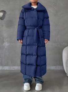 EURMUSE Zip Up Slant Pocket Padded Coat With Waist Belt - Navy Blue - View 8