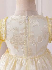Glamorique Kids Fancy Cutout Pattern Puff Sleeve Girls Dress, Spring/Summer - Yellow - View 5