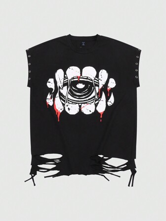 Anime Top tipo tank de algodón para hombres con estampado, ojal y diamantes de imitación, diseño aleatorio