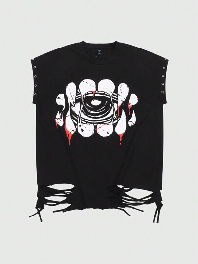 Anime خزان العلوي للرجال المطبوع بالقطن مرصع بالراين ستون مع فتحة خلفية، تصميم عشوائي