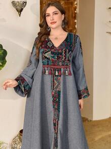 Al Najma Plus Size Women V-Neck Bell Sleeve Faux Linen Patchwork Jacquard Tassel Elegant Luxury High-End Fashion Arabic Turkish Dress, Modest Kaftan